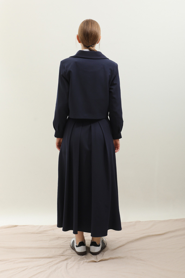 Vatkalı Ceket Etek Takım Lacivert - 9