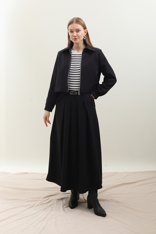 Vatkalı Ceket Etek Takım Siyah - 4