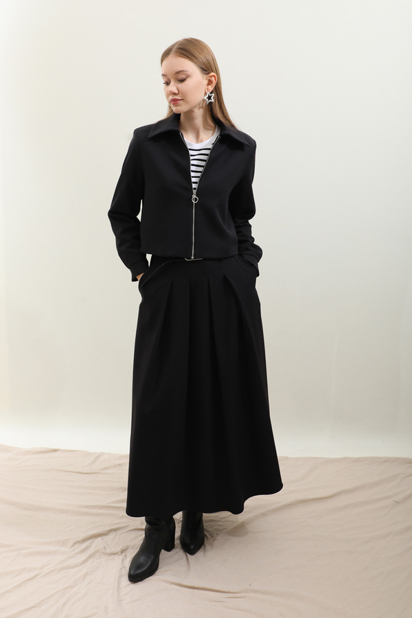 Vatkalı Ceket Etek Takım Siyah - 6