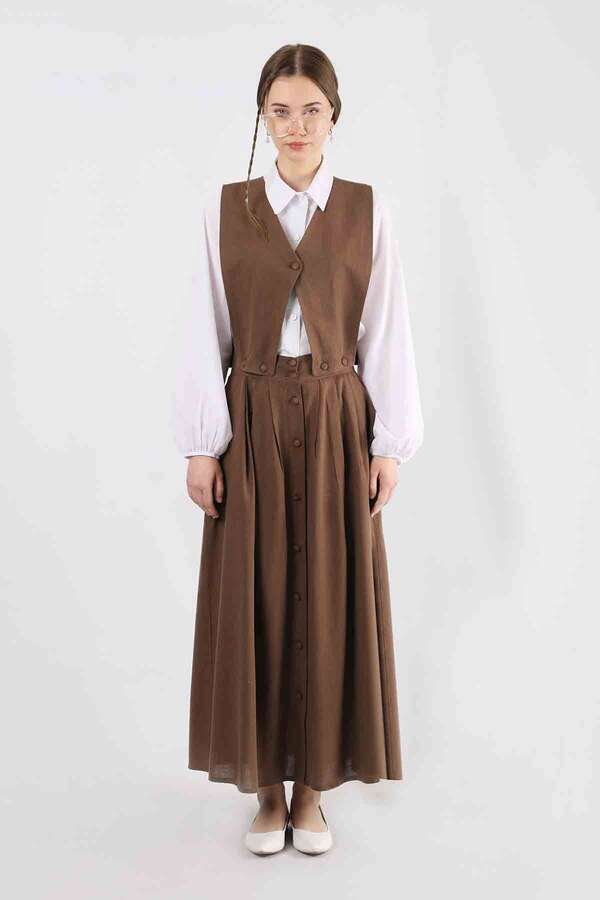 Vest Detailed Skirt Set Brown - 3