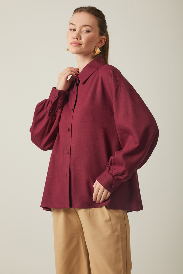 Viscose Linen Shirt Burgundy - 4