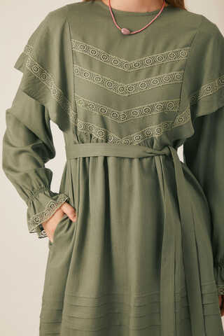 Volan Detaylı Dantelli Tunik Haki - 2