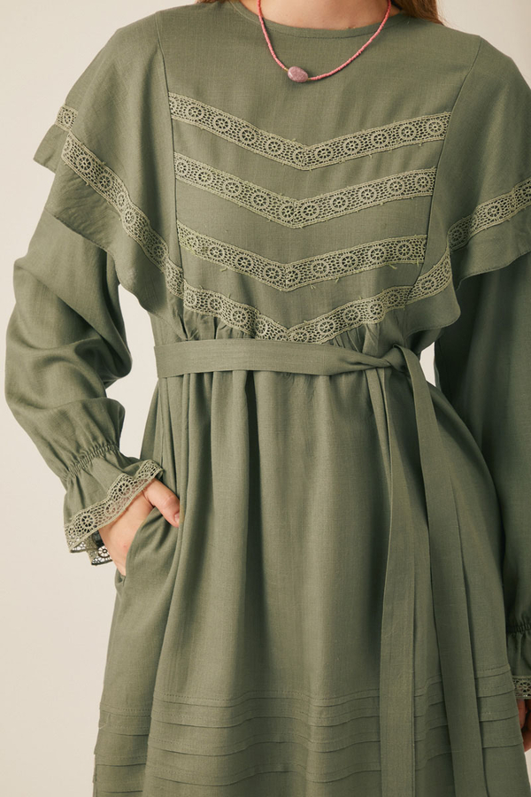 Volan Detaylı Dantelli Tunik Haki - 2