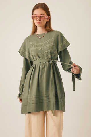 Volan Detaylı Dantelli Tunik Haki - 3