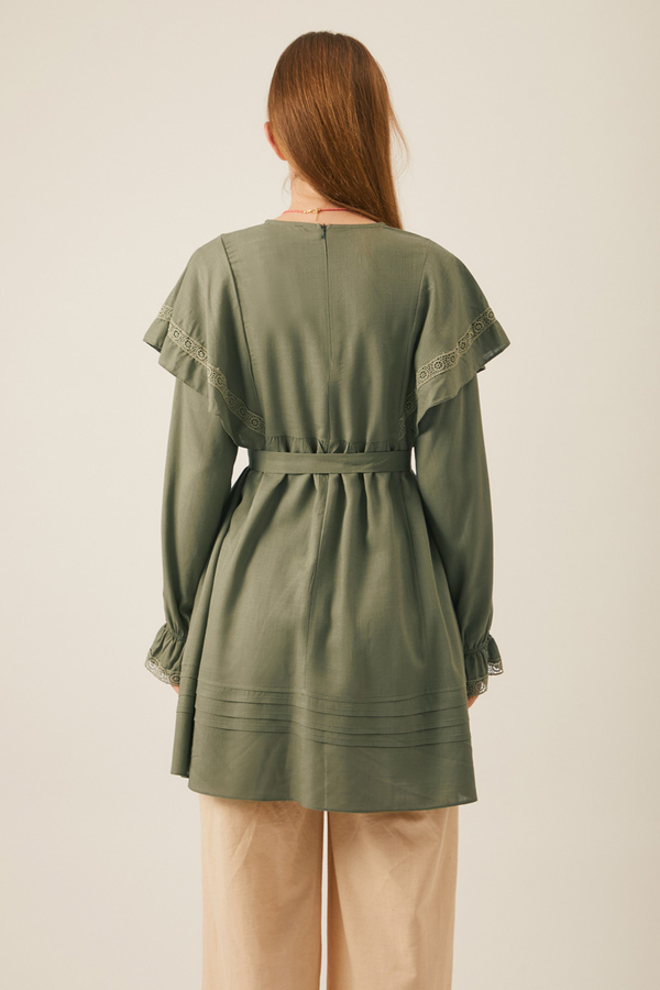 Volan Detaylı Dantelli Tunik Haki - 5