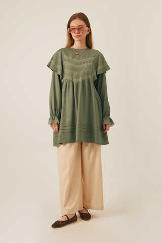 Volan Detaylı Dantelli Tunik Haki - 1