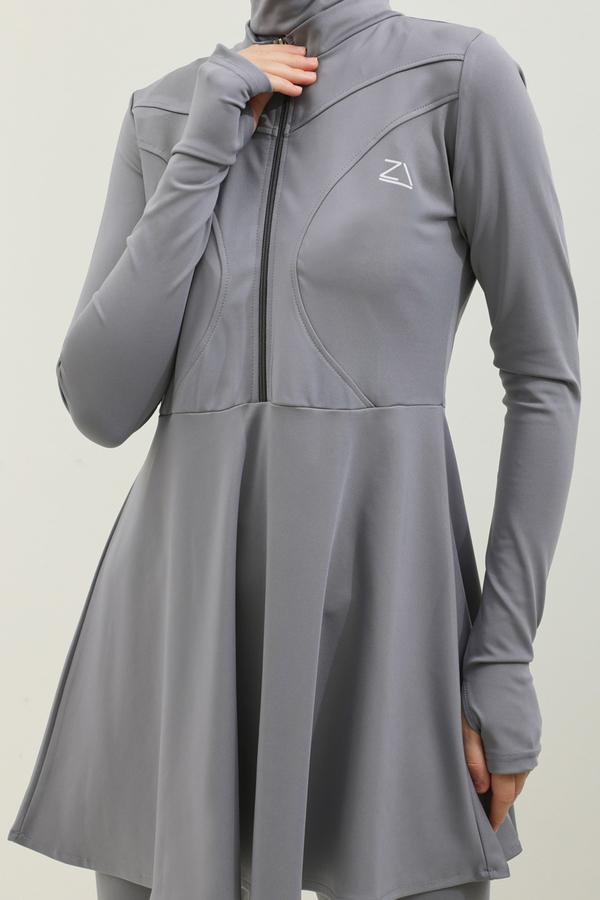 Volanlı Tesettür Mayo Takım Gri - 5