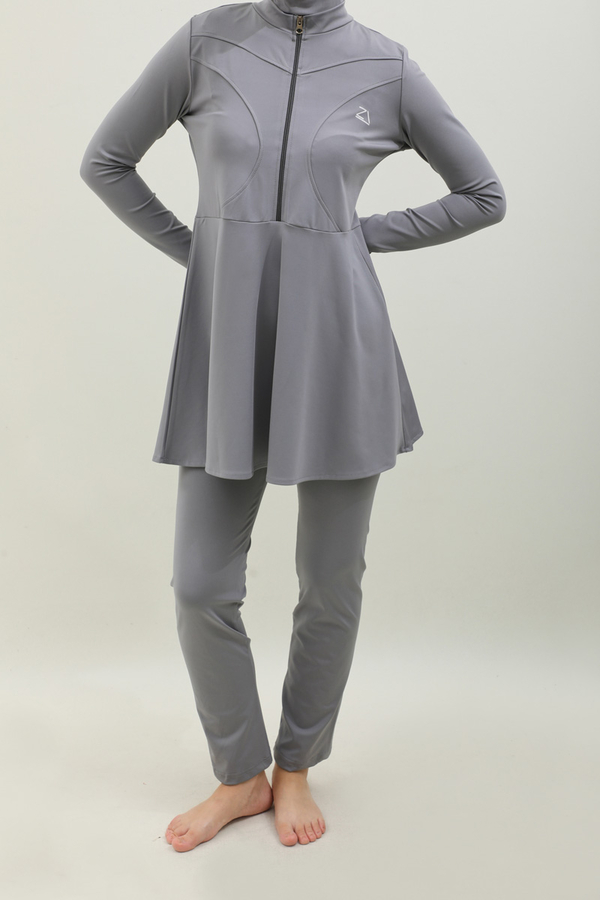 Volanlı Tesettür Mayo Takım Gri - 3