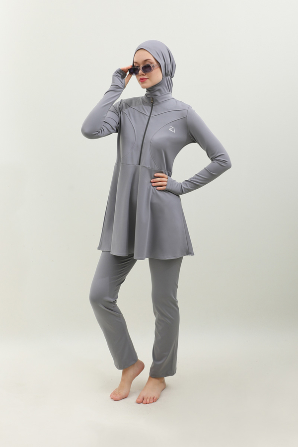 Volanlı Tesettür Mayo Takım Gri - 4