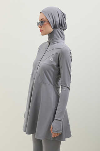 Volanlı Tesettür Mayo Takım Gri - 1