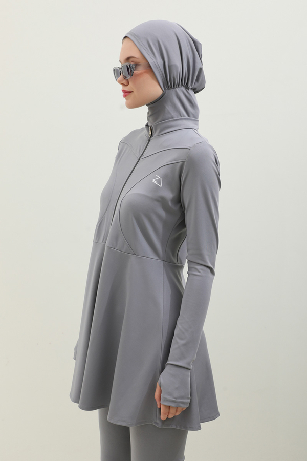 Volanlı Tesettür Mayo Takım Gri 