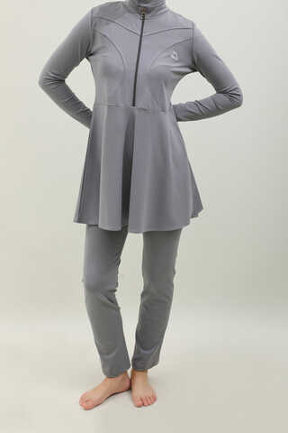 Volanlı Tesettür Mayo Takım Gri - 3