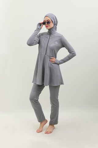 Volanlı Tesettür Mayo Takım Gri - 4