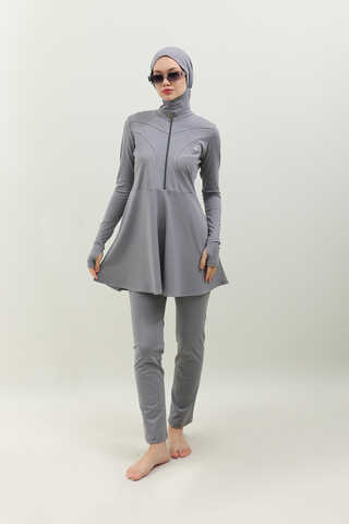 Volanlı Tesettür Mayo Takım Gri - 2