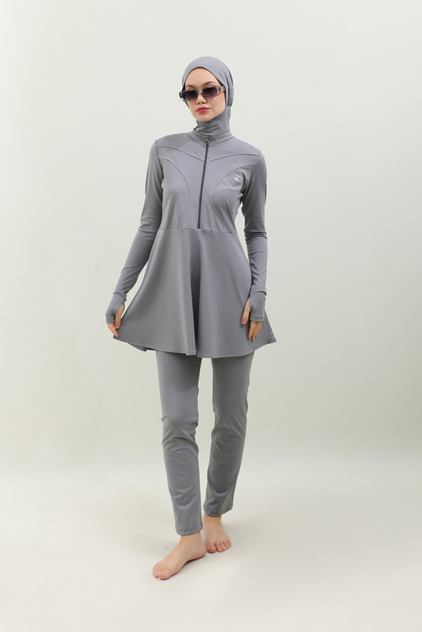 Volanlı Tesettür Mayo Takım Gri - 2