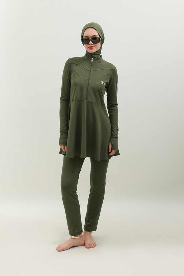 Volanlı Tesettür Mayo Takım Haki - 1