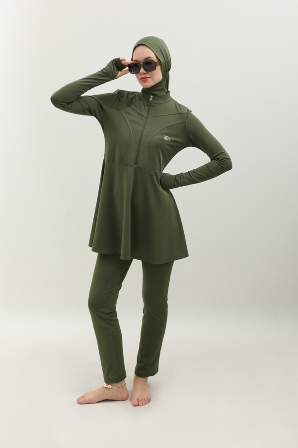 Volanlı Tesettür Mayo Takım Haki - 5