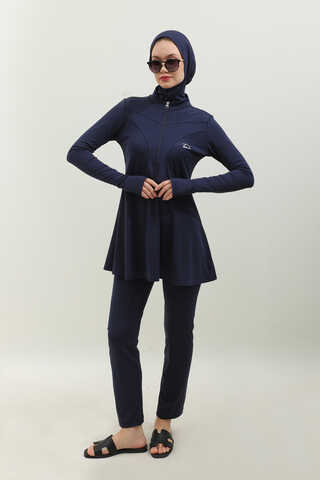 Volanlı Tesettür Mayo Takım Lacivert - 5