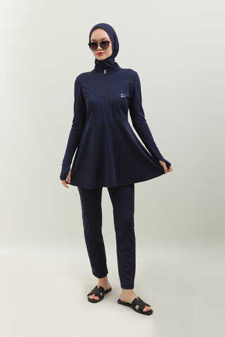 Volanlı Tesettür Mayo Takım Lacivert - 1