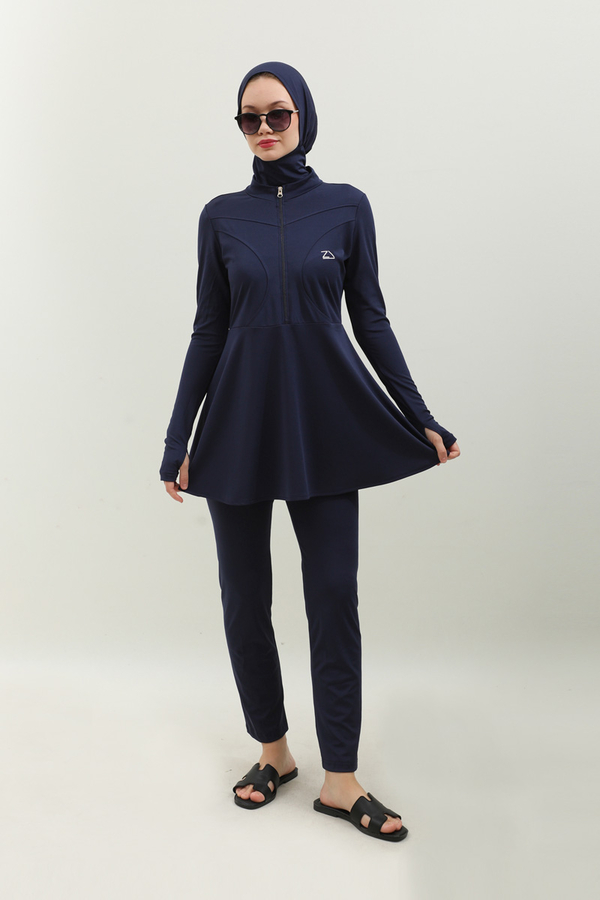 Volanlı Tesettür Mayo Takım Lacivert - 1