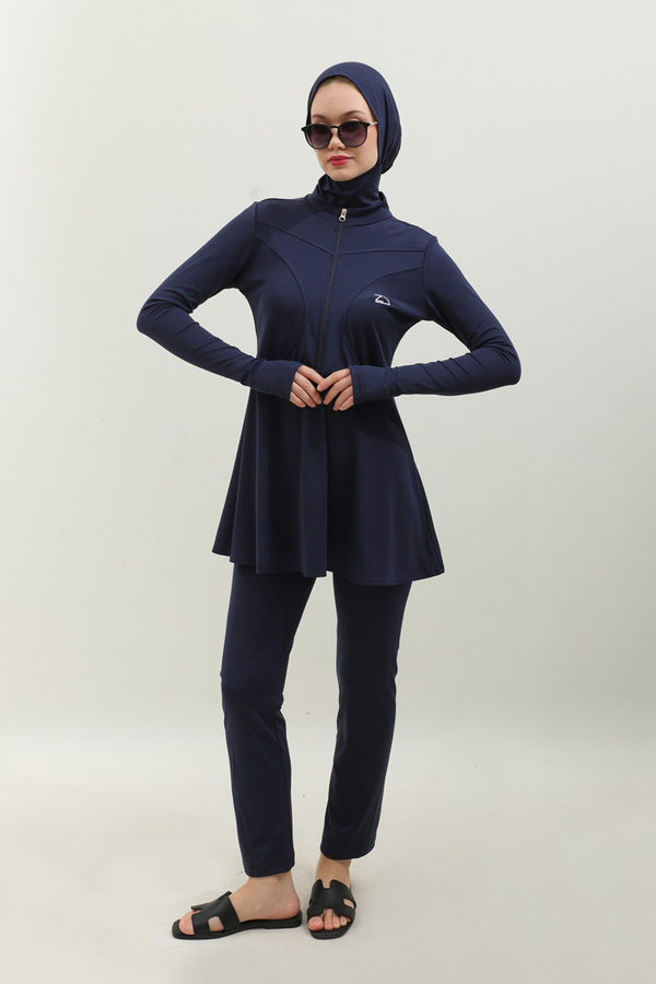 Volanlı Tesettür Mayo Takım Lacivert - 5