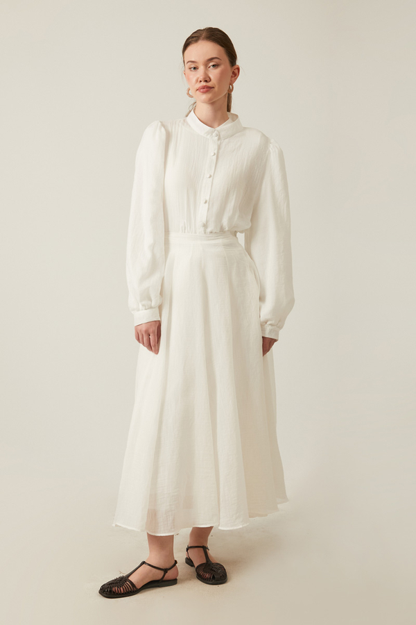 Volanlı Uzun Etek Beyaz - 1