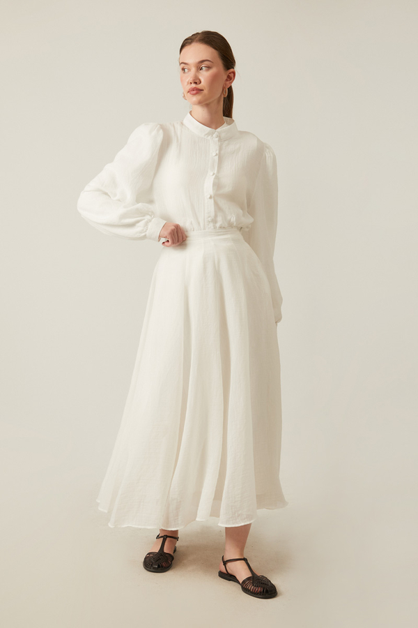 Volanlı Uzun Etek Beyaz - 3