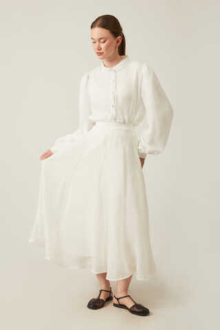 Volanlı Uzun Etek Beyaz - 6