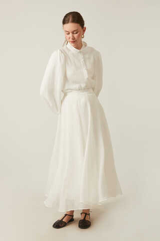 Volanlı Uzun Etek Beyaz - 7