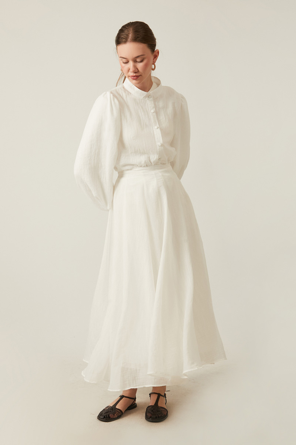 Volanlı Uzun Etek Beyaz - 7