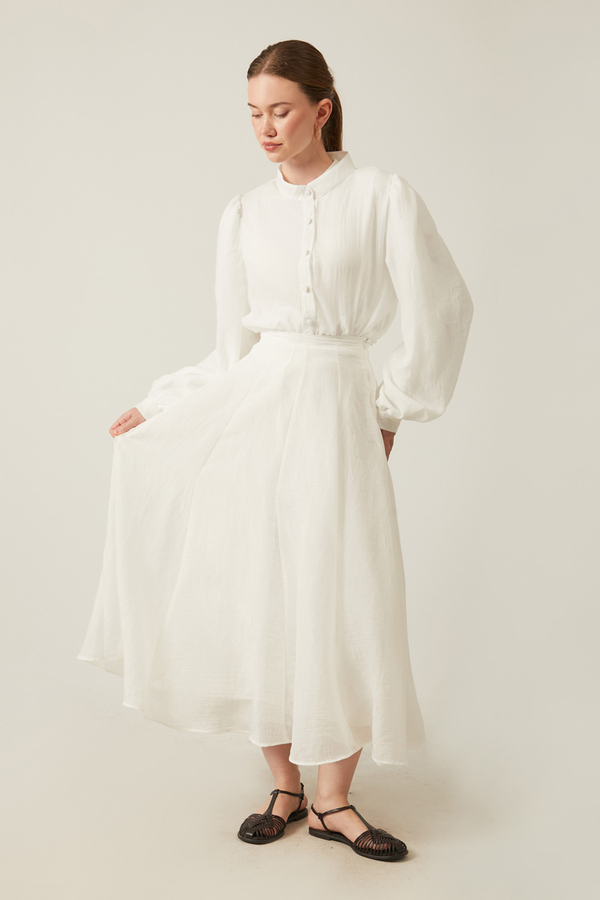 Volanlı Uzun Etek Beyaz - 6