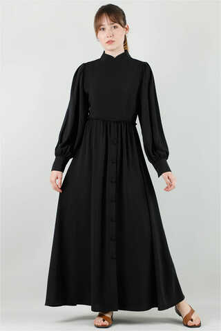 Frilly Buttoned Waist Dress Black - 1