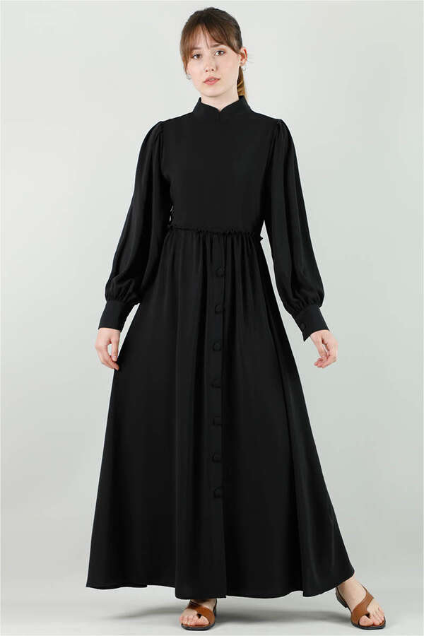 Frilly Buttoned Waist Dress Black - 1