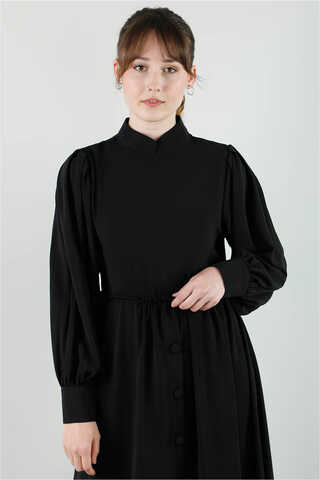 Frilly Buttoned Waist Dress Black - 3