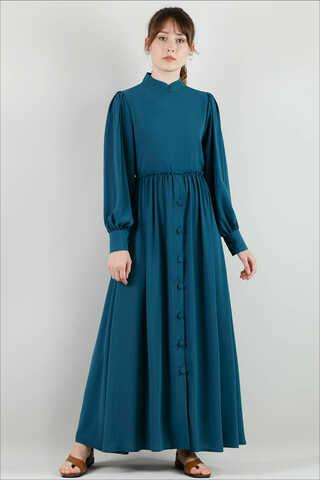 Frilly Buttoned Waist Dress Petrol - 1