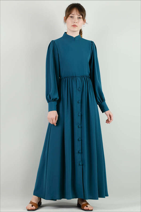 Frilly Buttoned Waist Dress Petrol - 1