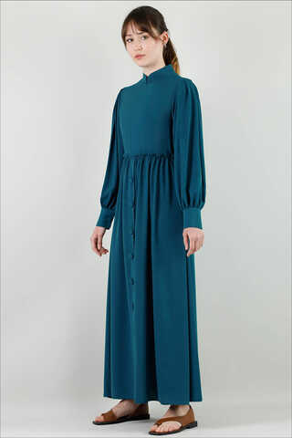 Frilly Buttoned Waist Dress Petrol - 2