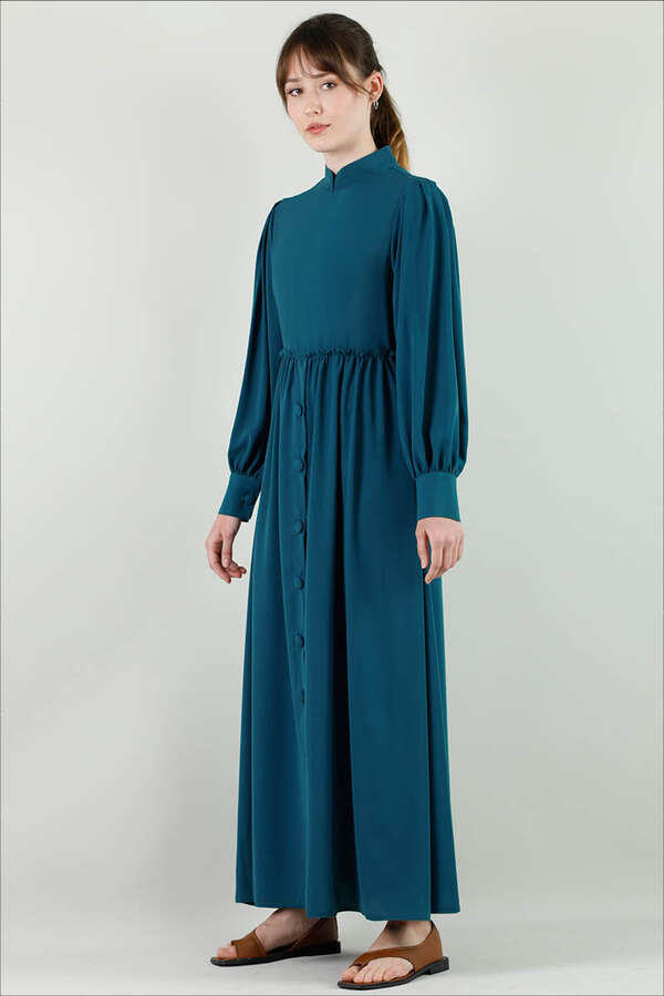 Frilly Buttoned Waist Dress Petrol - 2