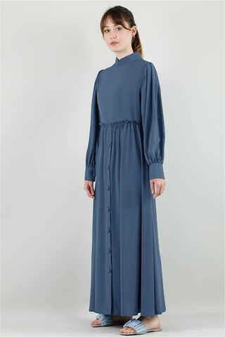 Frilly Buttoned Waist Dress Steel Blue - 4