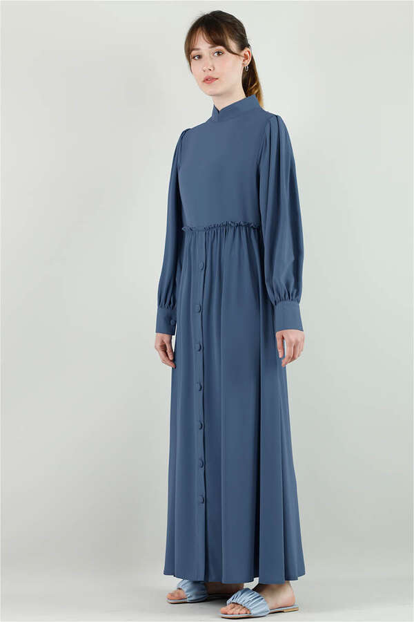 Frilly Buttoned Waist Dress Steel Blue - 4