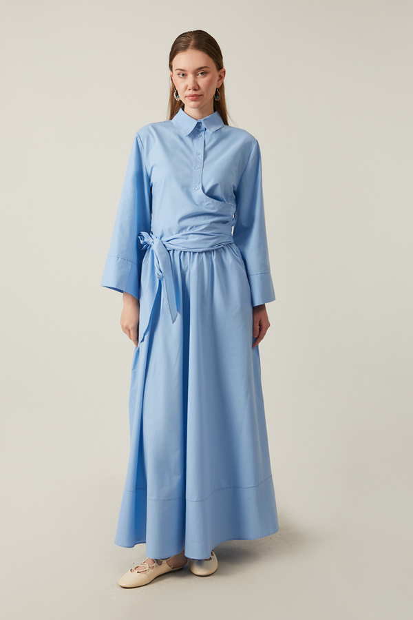 Waist Tie Poplin Skirt Set Blue 