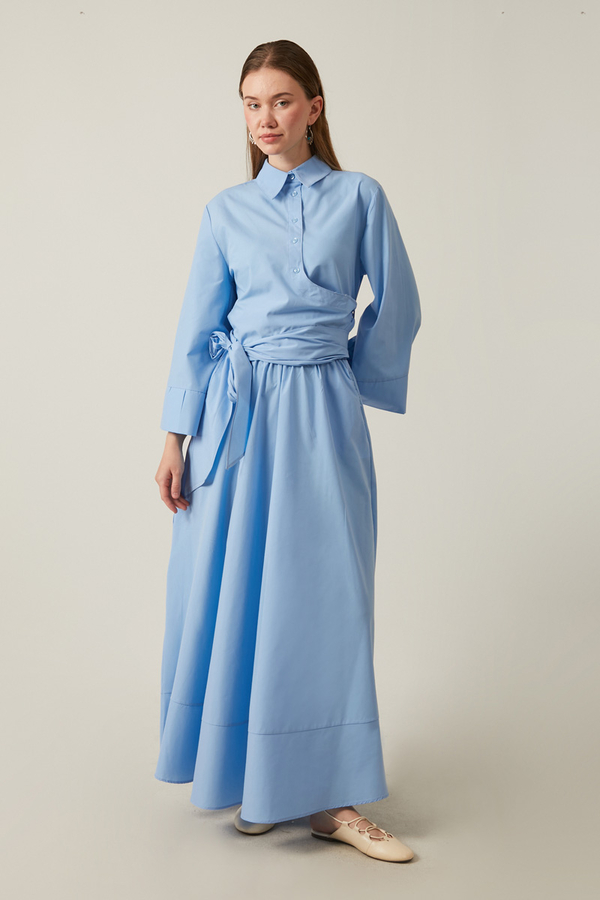 Waist Tie Poplin Skirt Set Blue - 2