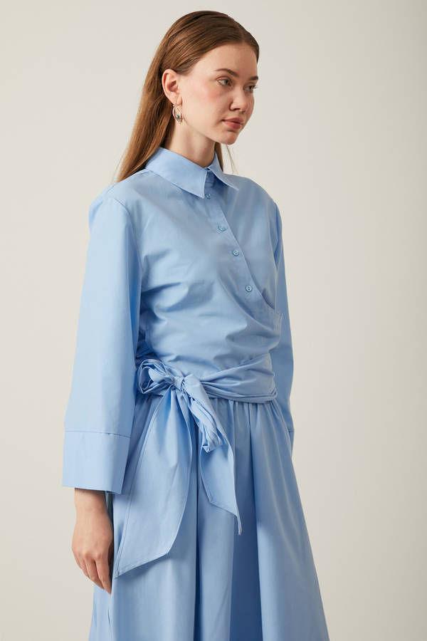 Waist Tie Poplin Skirt Set Blue - 3