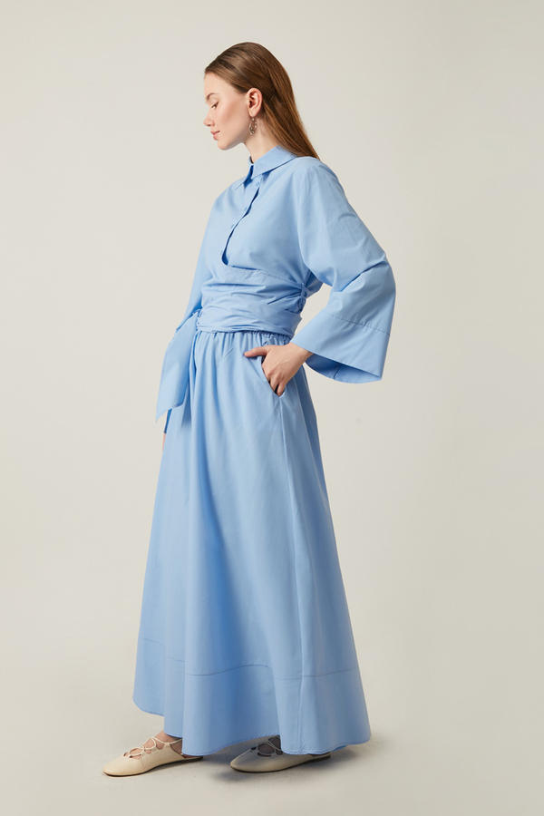 Waist Tie Poplin Skirt Set Blue - 4