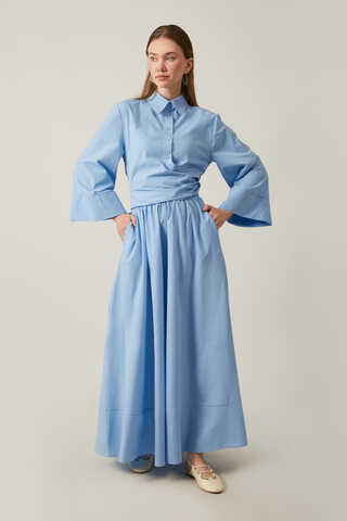 Waist Tie Poplin Skirt Set Blue - 5