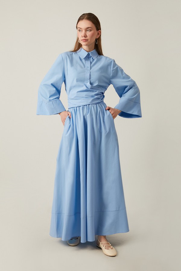 Waist Tie Poplin Skirt Set Blue - 5