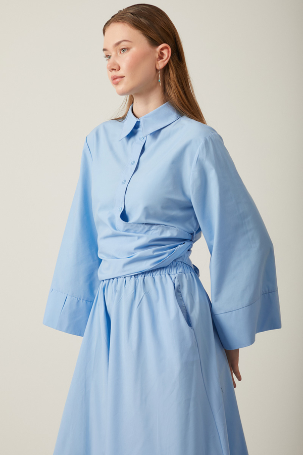Waist Tie Poplin Skirt Set Blue - 6