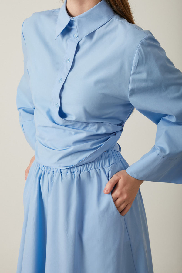 Waist Tie Poplin Skirt Set Blue - 8