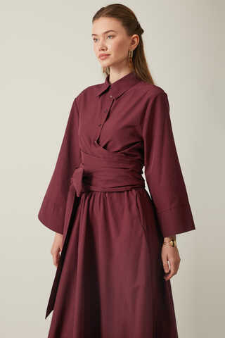 Waist Tie Poplin Skirt Set Burgundy - 3