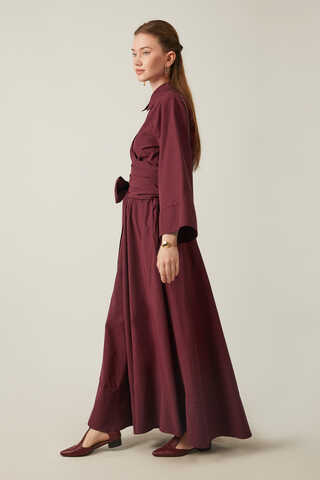 Waist Tie Poplin Skirt Set Burgundy - 4